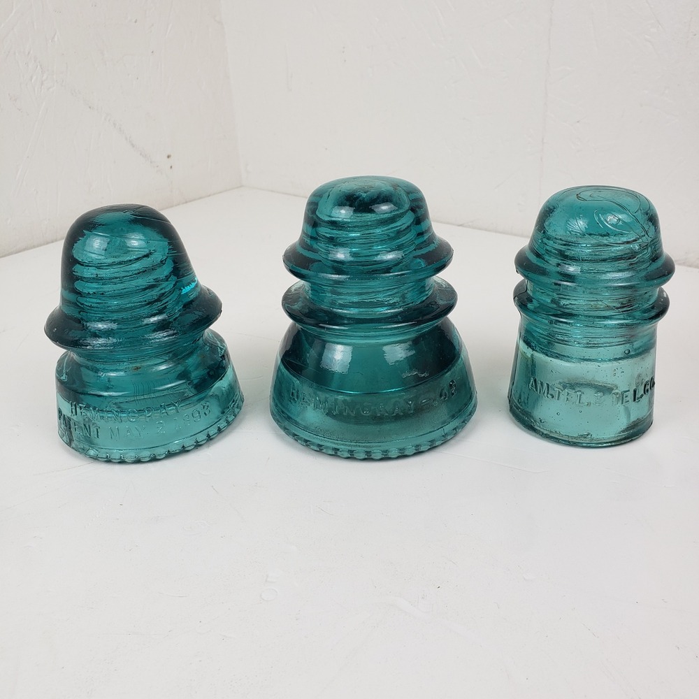 Vintage Hemingray Glass Insulator Lot Aqua Blue No 42 No 16 Am Tel & Tel Co 3pc